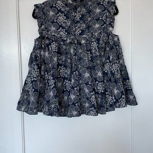CO Women's Ruffle Top Navy Sleeveless Peplum Embroidered Floral Japanese Fabric